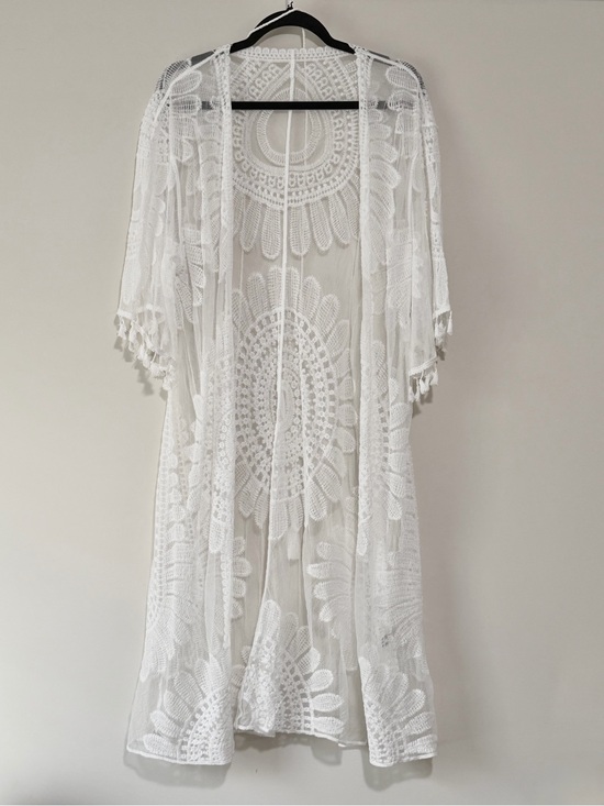 Unknown Sweaters - White Lace Boho Open-Front Kimono Cardigan with Waist Tie